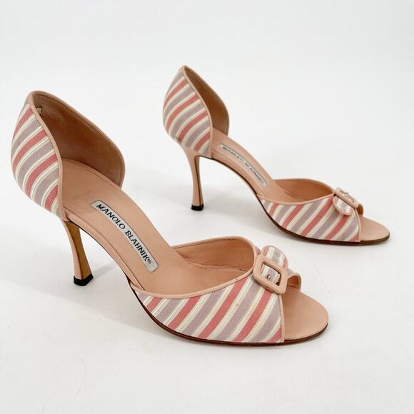 Manolo Blahnik Shoes - Manolo Blahnik Vintage Striped Pink Open Toe Buckle Detail D'Orsay Pump IT 37.5